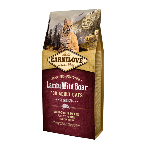 Croquettes à l'agneau et au sanglier sauvage pour chats adultes stérilisés Carnilove 6kg