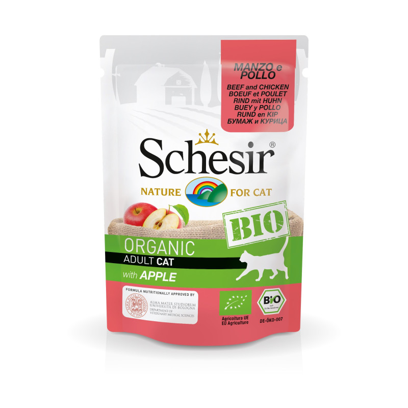 Sachets Bio chat adulte Schesir 8x85g Boeuf Poulet Pomme Bio