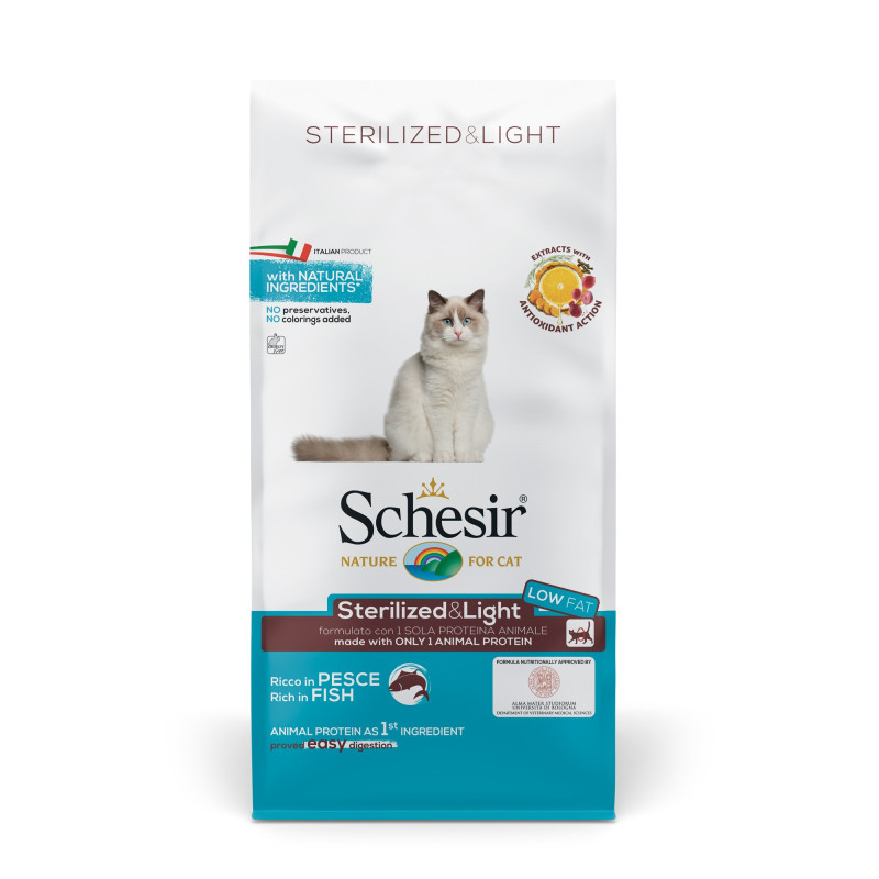 Croquettes Schesir chat stérilisé light poisson 10kg