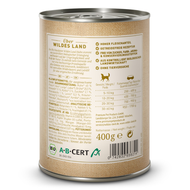 Pâtée 400g Bio poulet Wildes Land