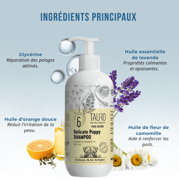 Shampoing doux pour chiot Tauro Pro Line et peaux irritées
