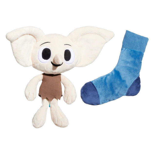 Peluche Dobby Harry Potter pour chien tenant une chaussette bleue